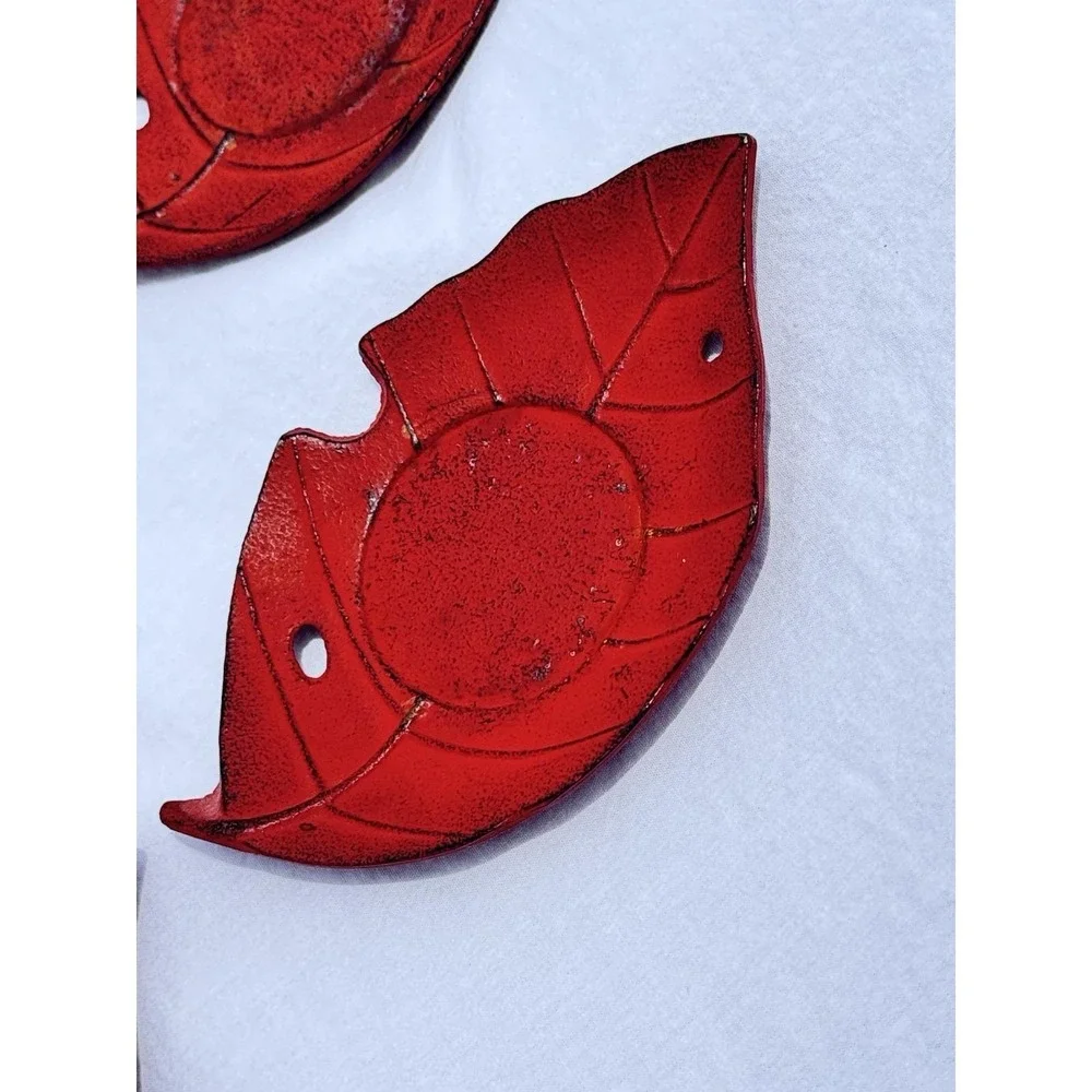 Vintage Authentic Iwachu Japan Red Cast Iron Leaf Tea Coaster Saucers Set of 5